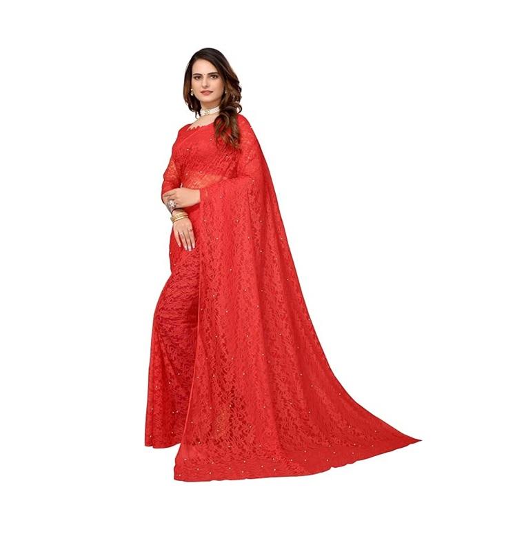 TreegoArt Fashion Women's Party Wear Floral Design Indian Saree Pearls Net Saree With Unstitched Blouse Piece