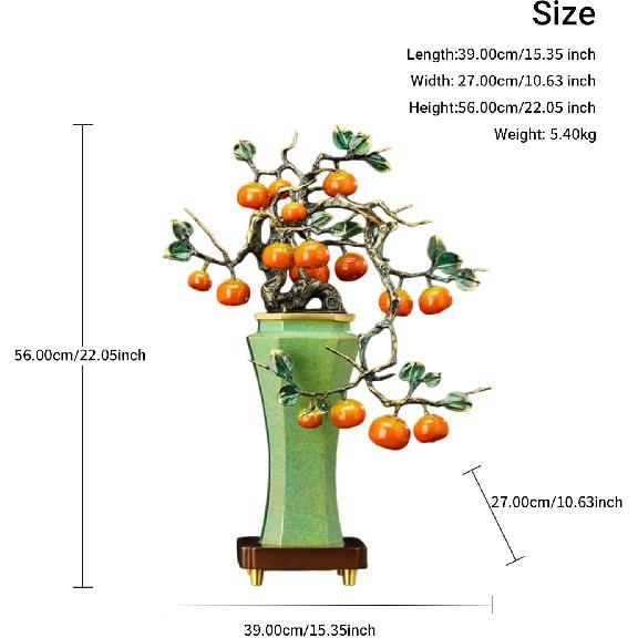 Exquisite Copper "Persimmon with Natural Lacquer Finish" Statue (GREEN) | New Chinese Style Feng Shui Decor for Wealth & Harmony, Perfect Home or