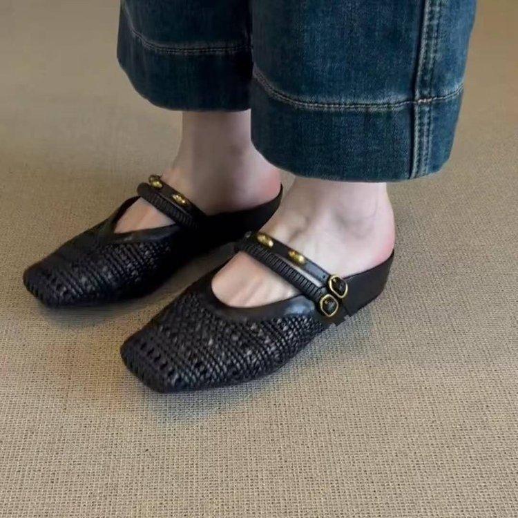 Версия из мягкой кожи~ универсальная черная плетеная ажурная дышащая сумка, туфли с квадратным носком, женские полушлепанцы с металлической надписью