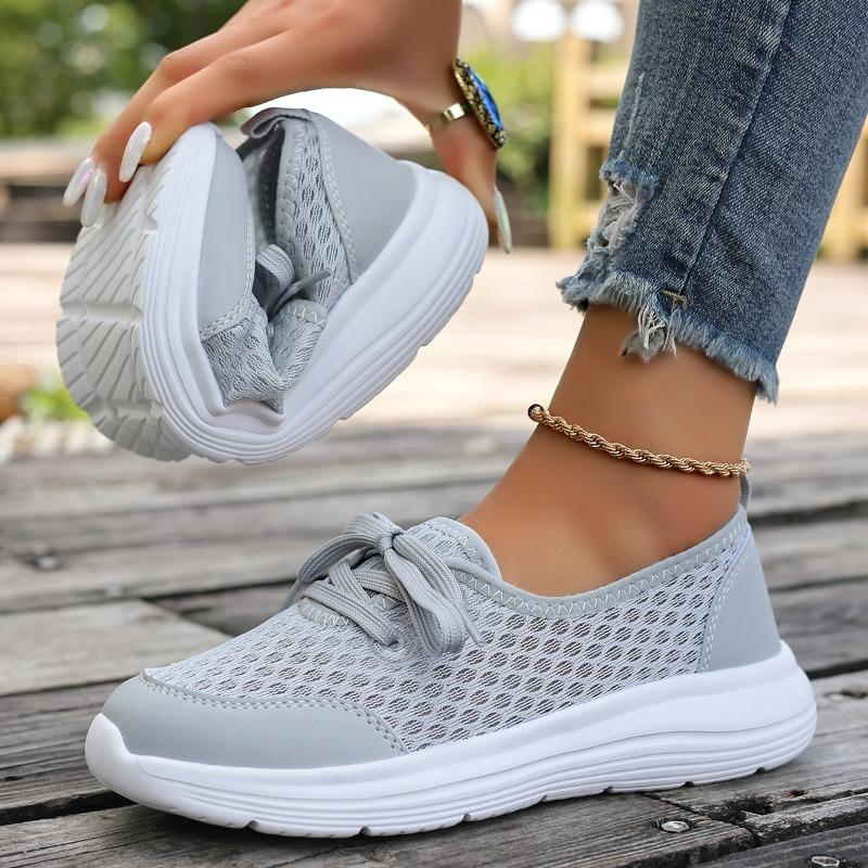 Fashion Women's Flat Sneakers Fall New Round Toe Deep Mouth Splice Mesh Lace-Up Front Soft Slip Sneakers