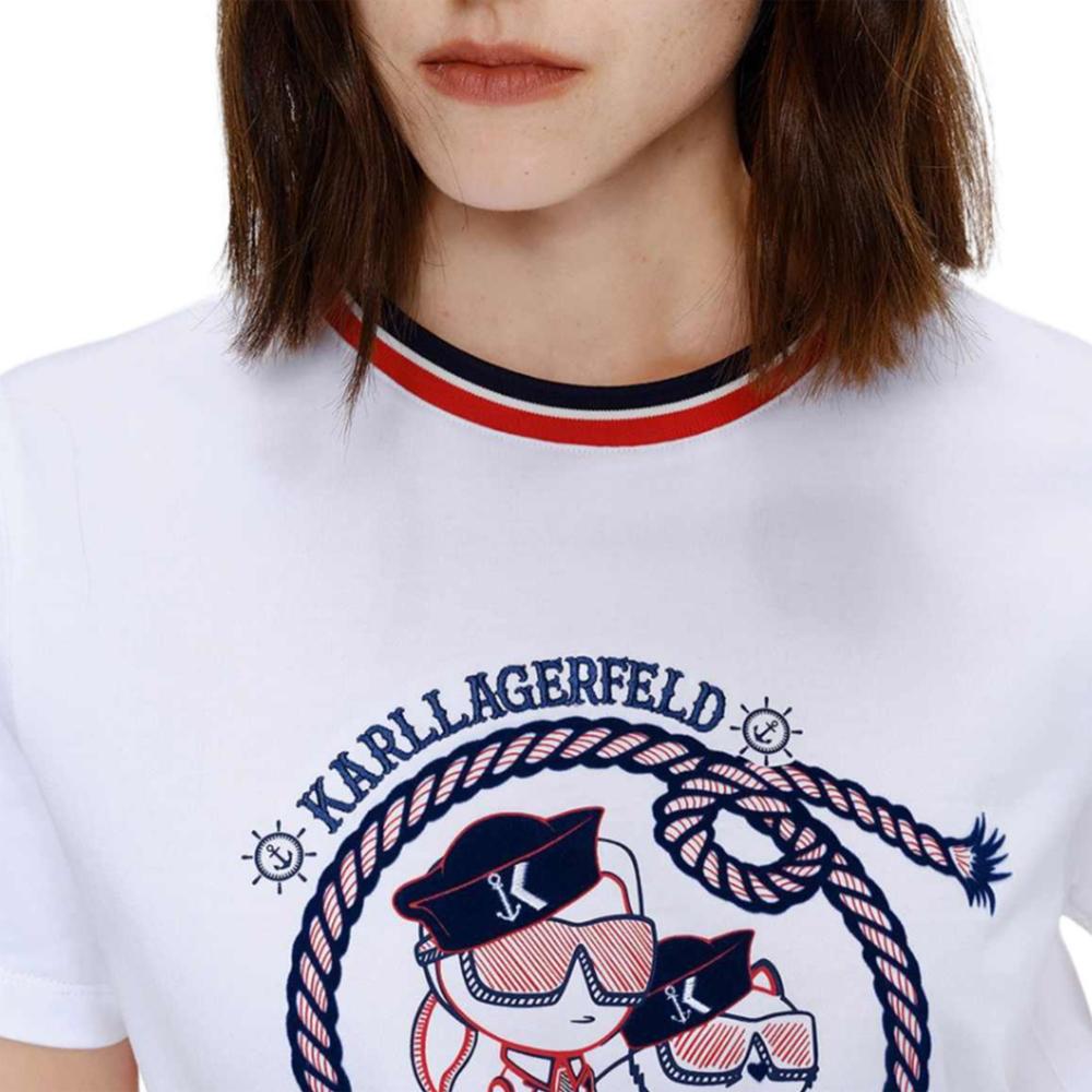 Karl Lagerfeld Спортивный Уличный Для Поездок Легкая Роскошь Принтованный Узор Велюр Короткий Рукав Обычная Футболка Женские Топы Белый M21L1721