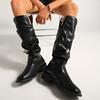 Мода Мода Металлический Декор Рыцарские Сапоги Женские Осенние Черные Кожаные Сапоги до Колена Женские Слипоны Толстый Каблук Сапоги для Верховой Езды Mujer 2025
