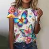 Fashionable Women's T-shirt 3D Butterfly Print Round Neck Short Sleeved T-shirt Luxury Women's T-shirt Oversized Girl's Clothing