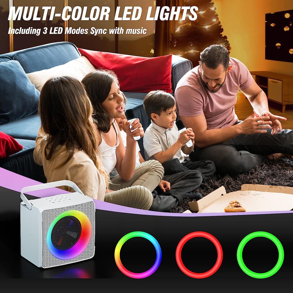 Караоке-машина, портативный динамик Bluetooth, светодиодная лампа для вечеринок с 2 беспроводными микрофонами для караоке — подарок на день рождения, семья, вечеринка, встреча, поддержка USB.