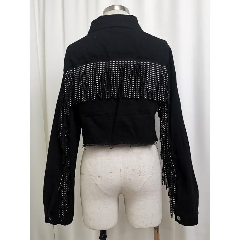 Весенне-осенняя женская джинсовая куртка с бахромой из бисера и необработанным краем. Короткая джинсовая куртка.