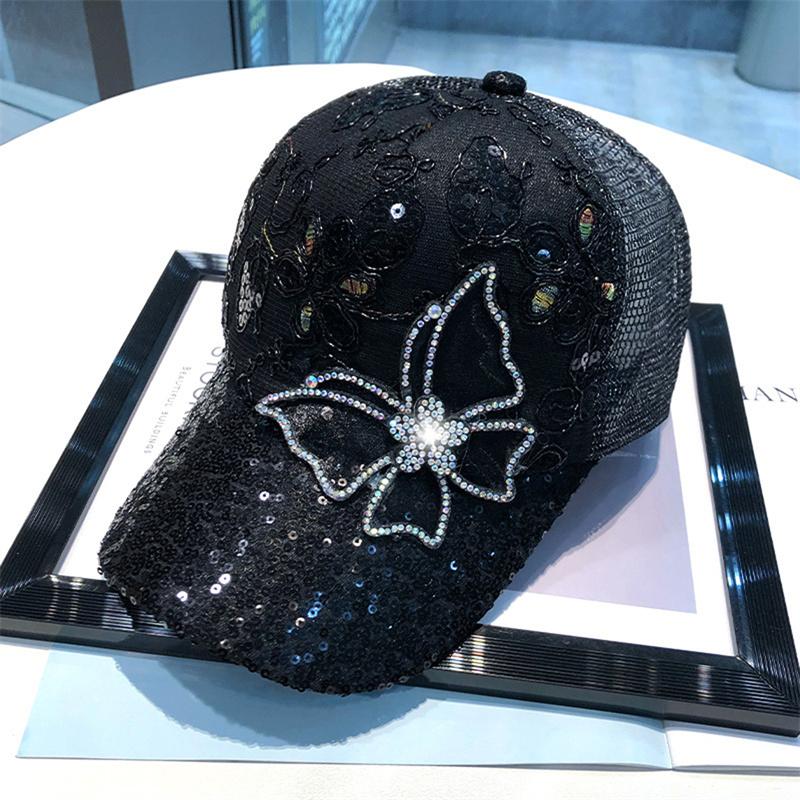 Women Baseball Cap Exquisite Butterfly Sequins Hip Hop Cap Fashion All-Match Comfortable Breathable Cap Sun-proof Hat