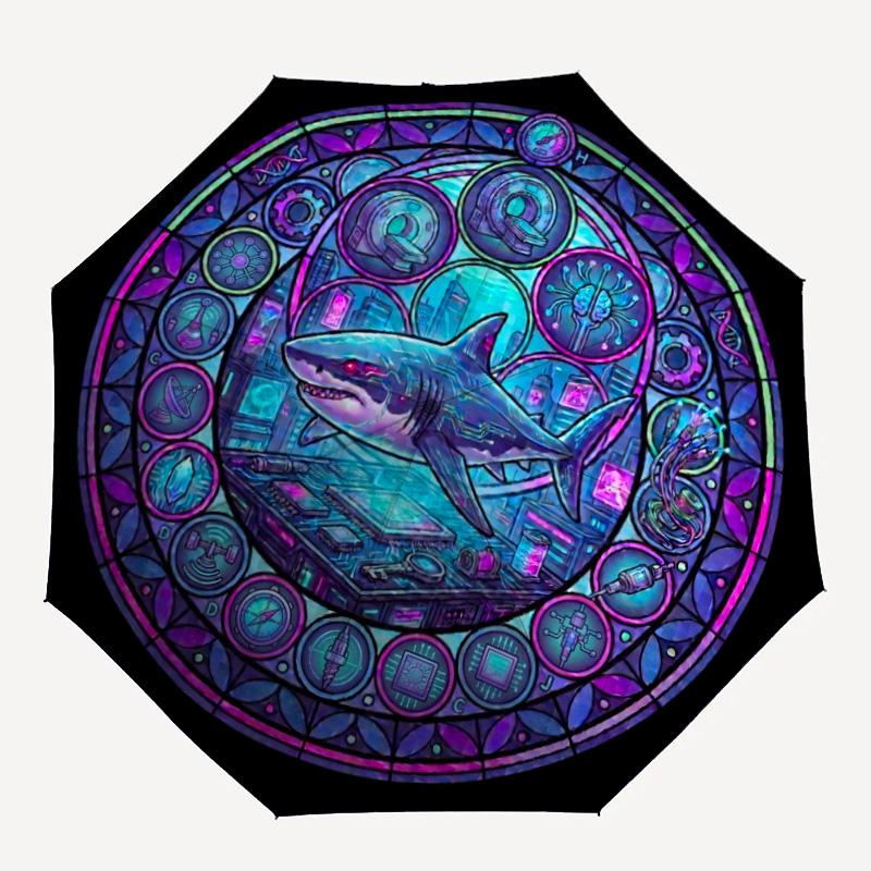 Cybernetic Shark Mandala pattern umbrella, portable and foldable design, 8 ribs, a casual accessory for Halloween, Christmas, and birthday gifts.