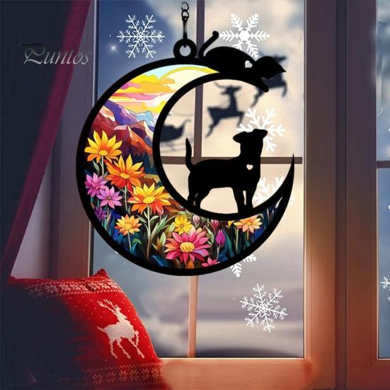 Hanging Ornament Colourful Cat/Dog On The Moon Design with Hanging Hole Vibrant Color Window Hanging Memorial Pendant Home Decoration