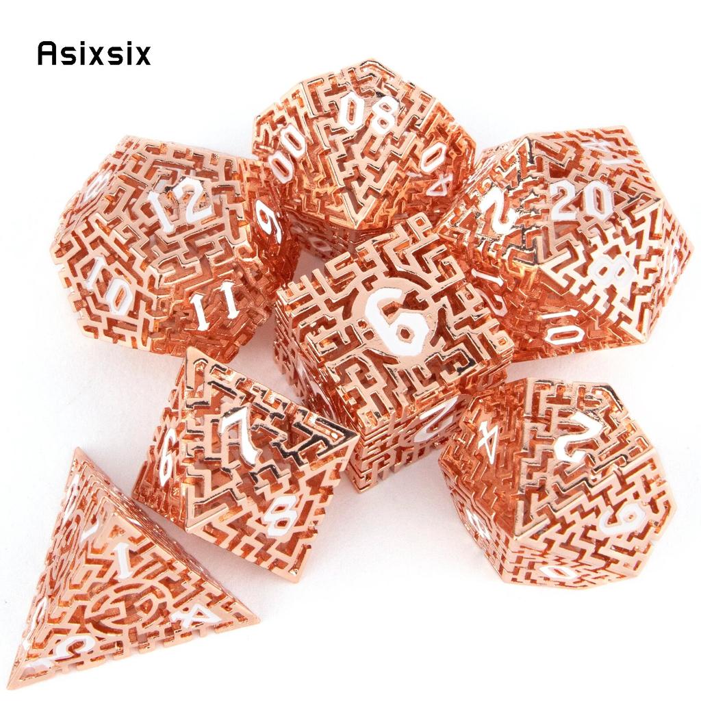 7 шт. оранжево-белые металлические игральные кости, лабиринт, полый металлический многогранный набор кубиков, подходящий для ролевой игры, настольной игры, карточной игры