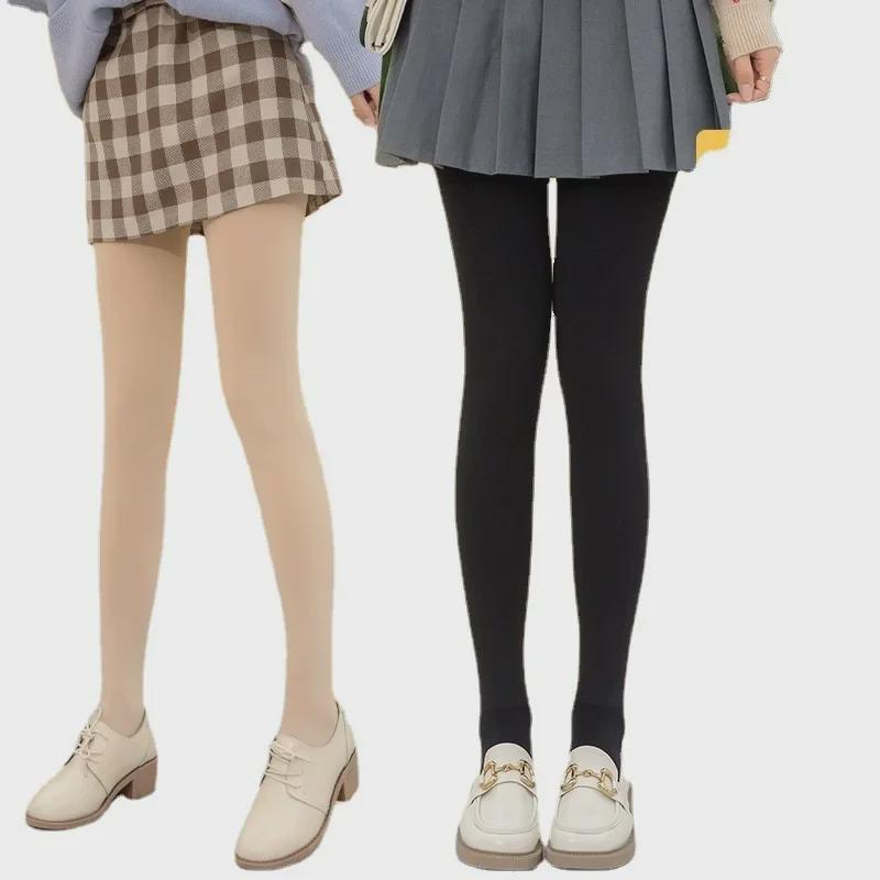 Женские плюшевые толстые теплые леггинсы телесного цвета на осень/зиму