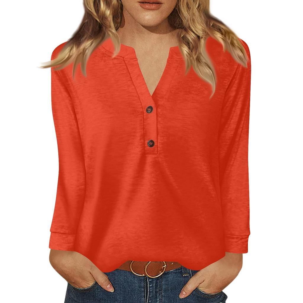 Women's T Shirt Solid Color Button Long Sleeve Daily Weekend Fashion Basic V- Neck Regular Top