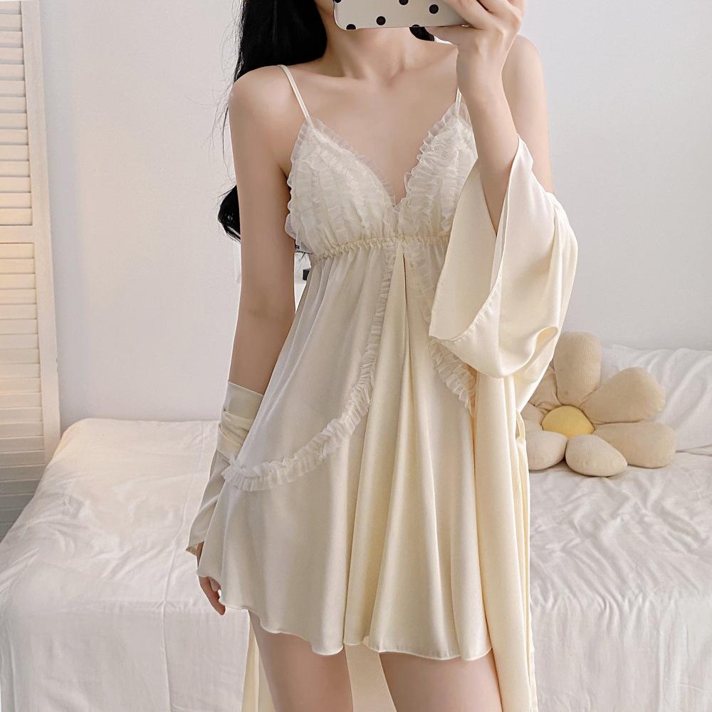 Seductive Ice Silk Nightgown with Chest Pads and Slit