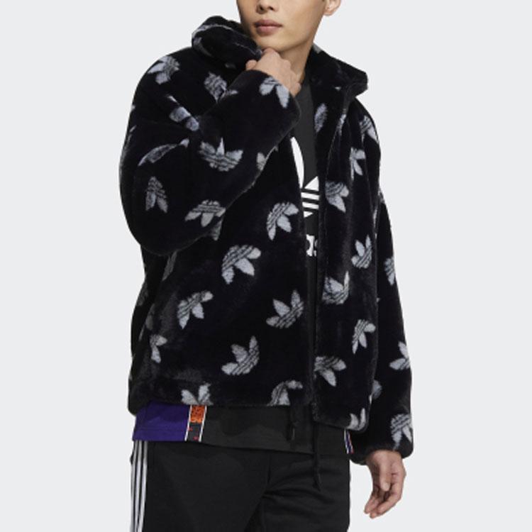 Adidas Originals Trefoil Logo Stand Collar Faux Fur Thickened Sports Jacket Unisex Jackets Black HI4656
