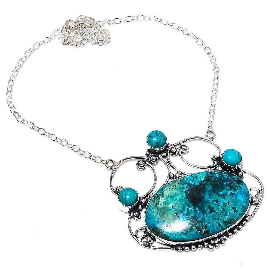 Хризоколла, бирюзовый драгоценный камень, этническое ожерелье из серебра 925 пробы, ручная работа, 18 дюймов, t8C99