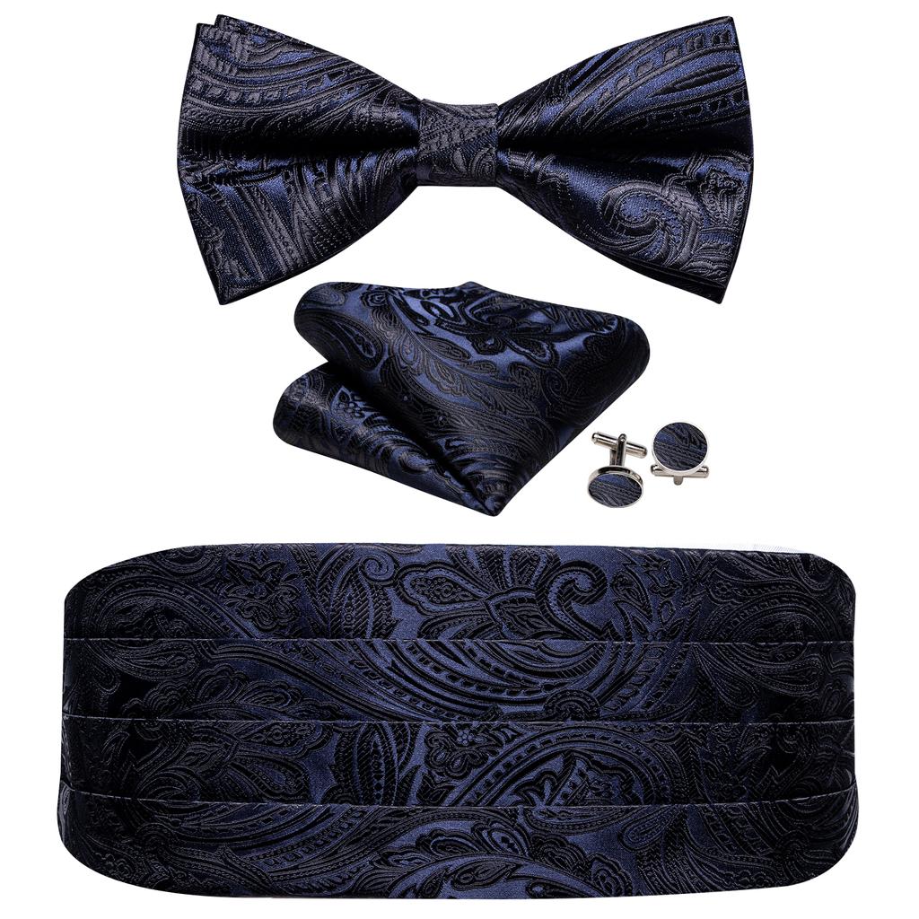 Barry.Wang Mens Cummerbund Belt and Bowtie Set Silk Pre Bow Tie Hanky Cufflink Set