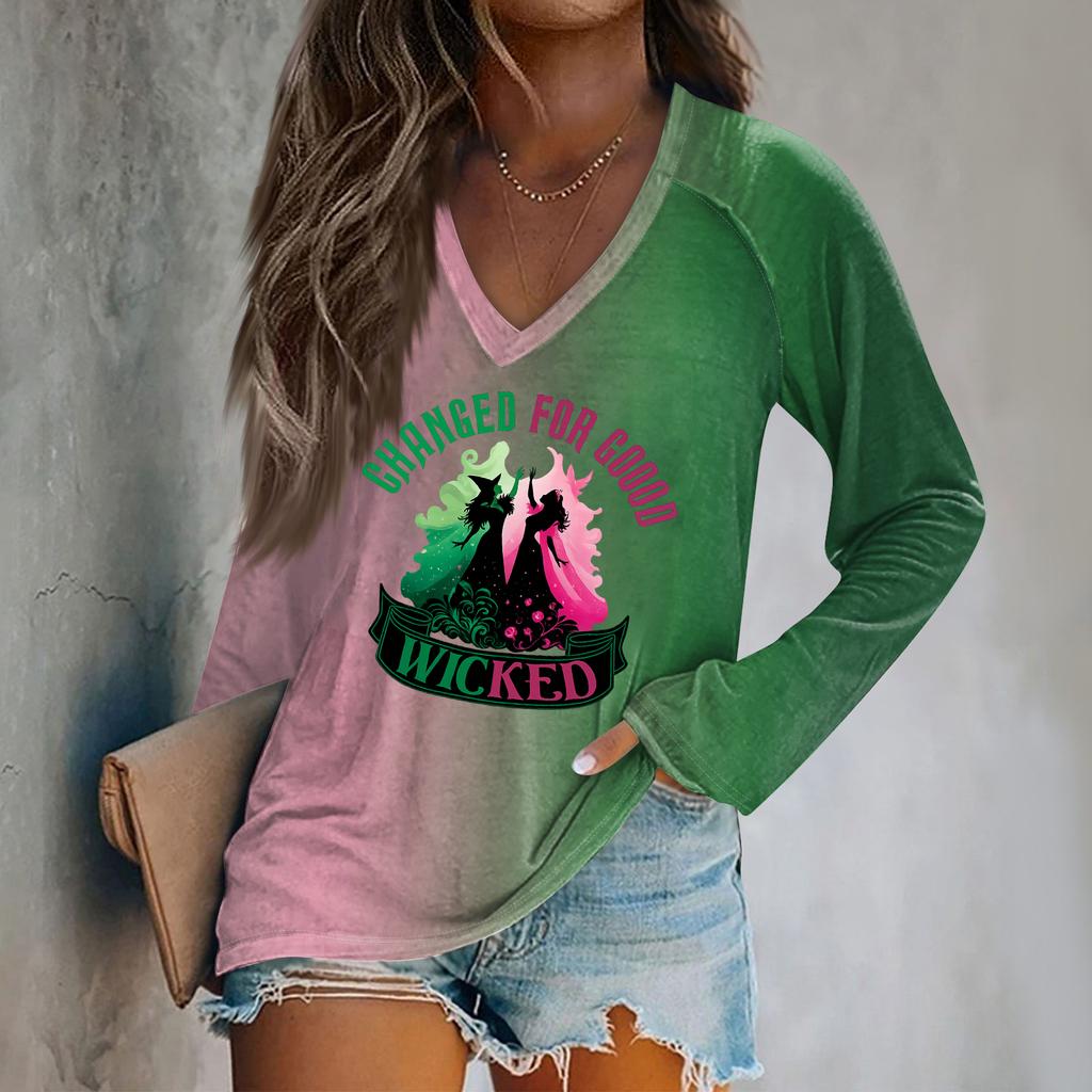 Women's Long Sleeve Plunger Sleeve Witch Printed Casual Top T-Shirt