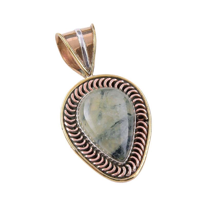 Natural Prehnite Gemstone 925 Solid Sterling Silver Two Tone Pendant 1.50" f1D47