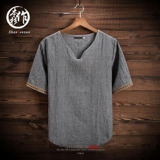 Мужская летняя корейская футболка из хлопка и льна с V-образным вырезом и коротким рукавом — дышащая, универсальная, модная, с коротким рукавом для больших размеров