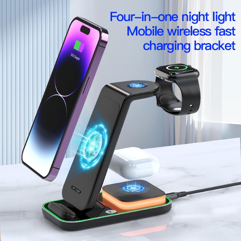 YF-A6 3 In 1 15W Dual Coil Wireless Charger with Night Light for iPhone/Apple Watch/AirPods Charging Stand