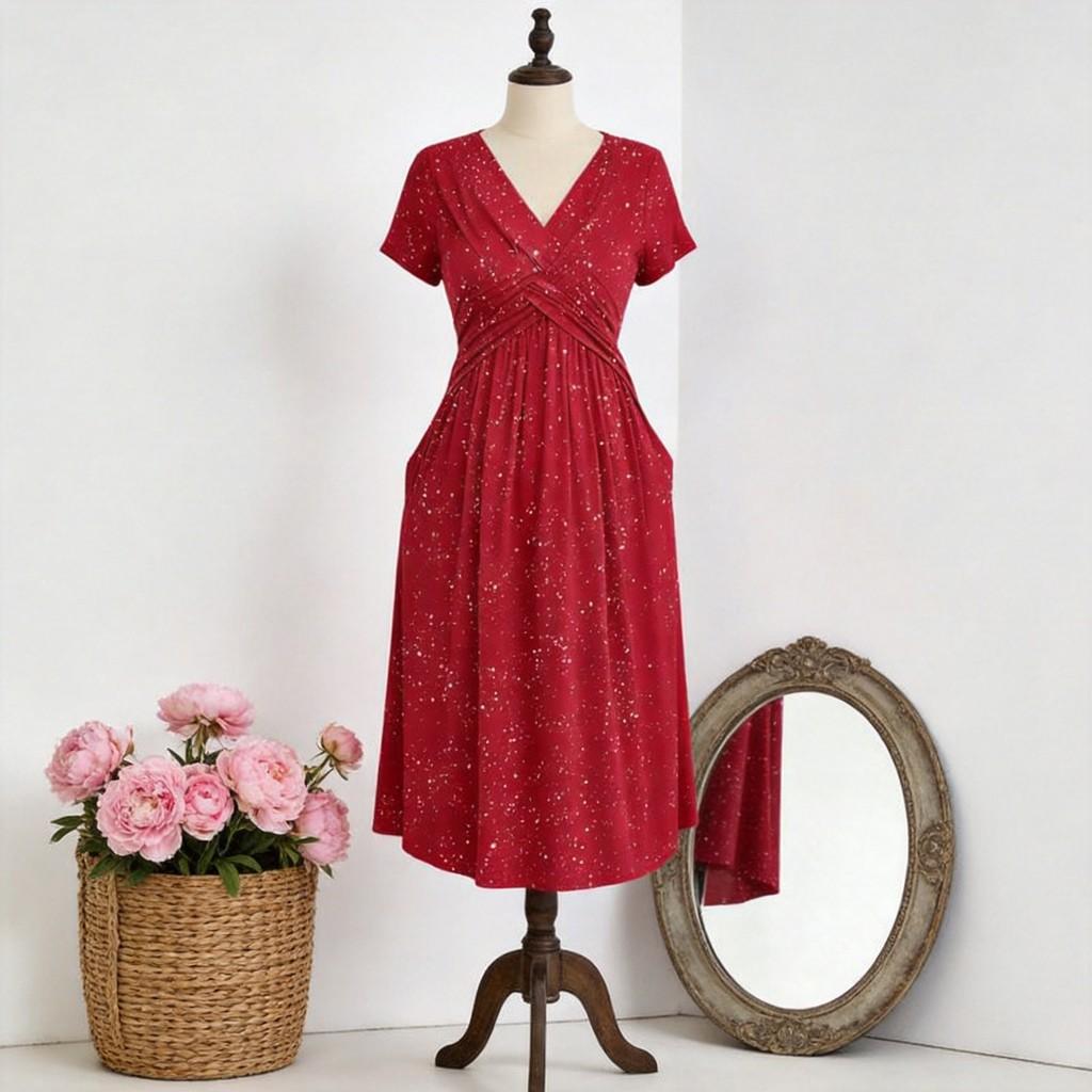 Elegant V Neck A Line Dress With Digital Print For Summer Casual Wear