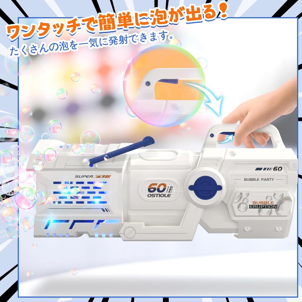 Электрический пистолет для пускания пузырей Skirfy с 60-томным светодиодом, 2 USB, в форме базуки для детей, отлично подходит для улицы и станет отличным подарком для девочек и мальчиков, 2-в-1 отверстия,