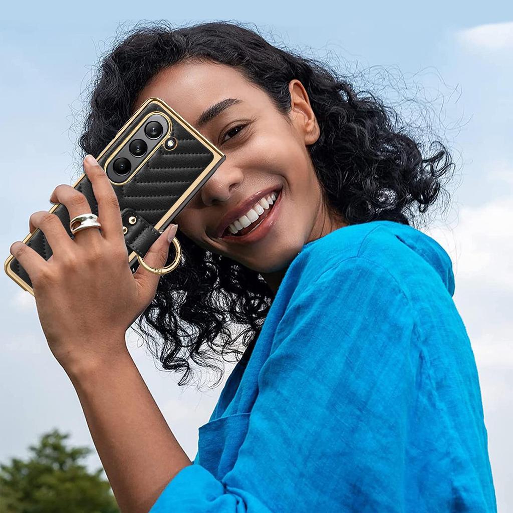 Чехол-книжка из ПУ кожи для Samsung Z Fold7/6/5 с подставкой-кольцом в виде ромбовидной решетки с гальваническим покрытием