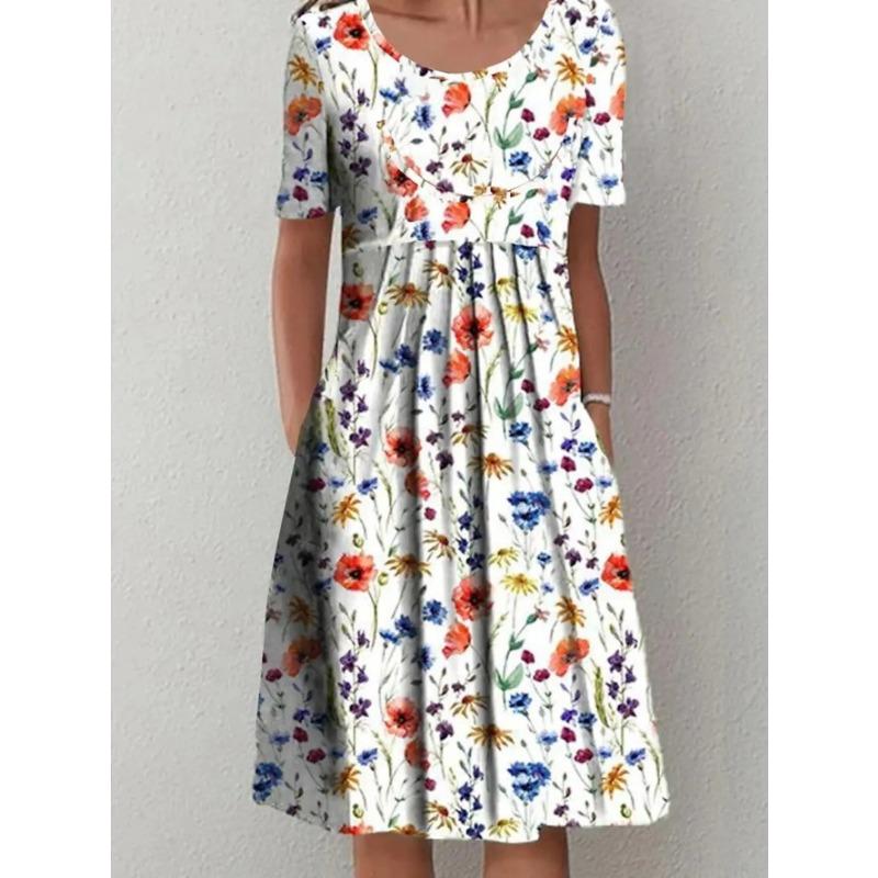 Женская мода лето весна цветочный узор принт короткий рукав О-образный вырез свободная талия повседневные платья