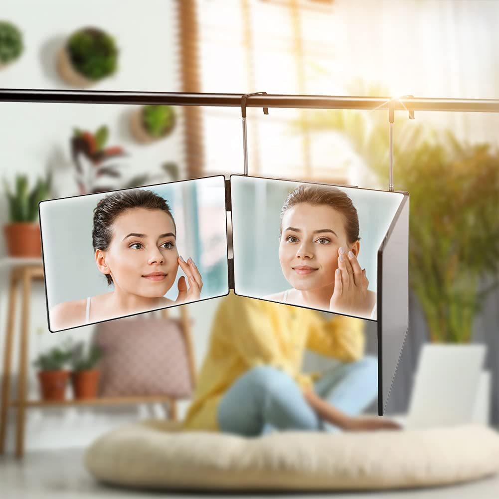 Трехстороннее зеркало для стрижки волос, тройное зеркало на 360 градусов с регулируемыми по высоте телескопическими крючками и светодиодной подсветкой для макияжа и укладки волос