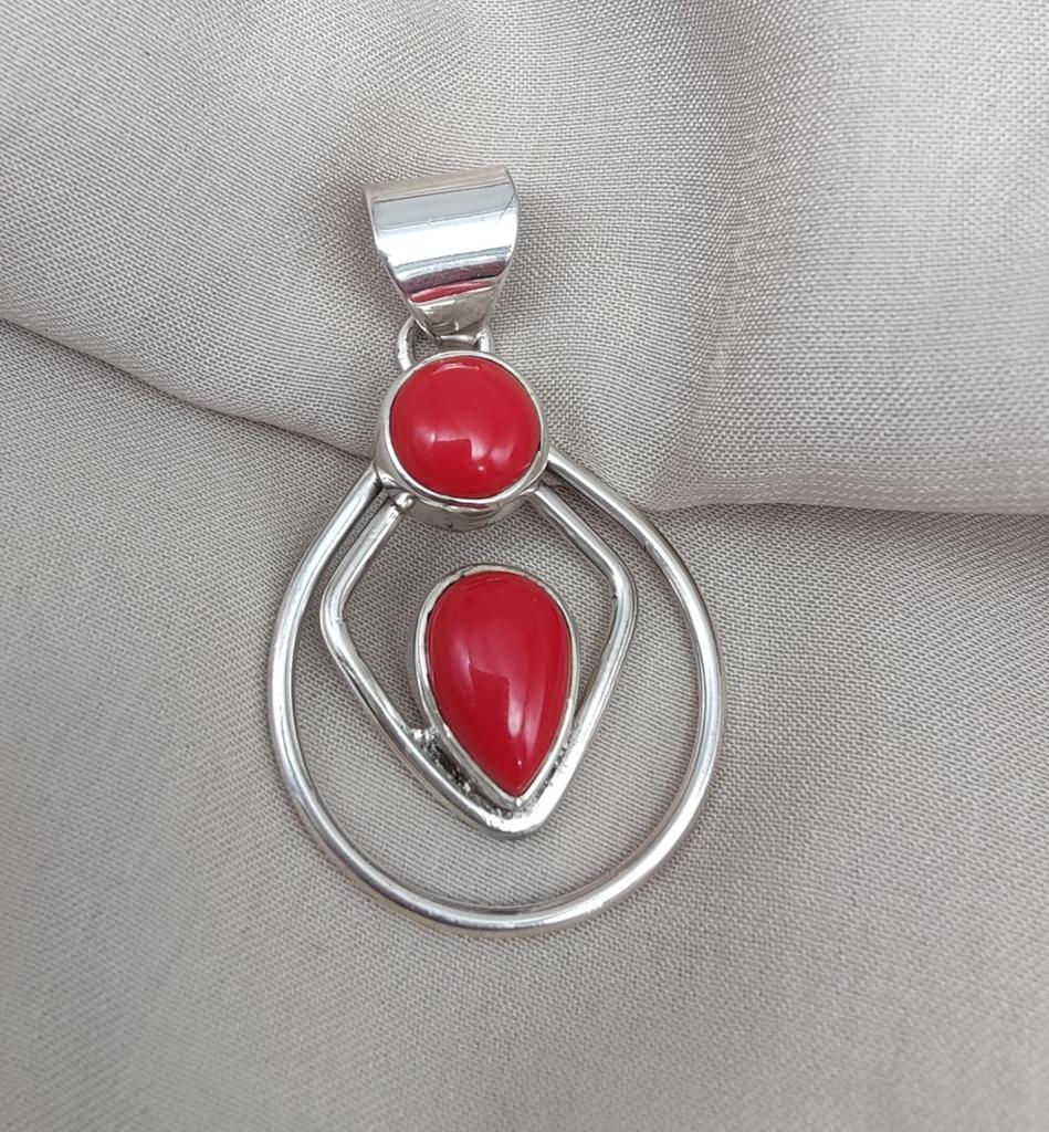 Red Coral Pendant: Two-Stone 925 Sterling Silver Boho Necklace