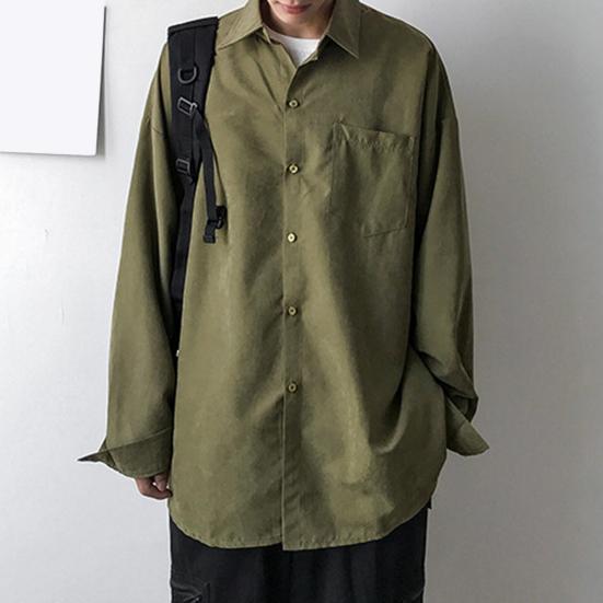 Мужская рубашка с лацканами, длинный рукав, однобортная рубашка, однотонный цвет, накладной карман, повседневная рубашка, свободный крой, удобная куртка