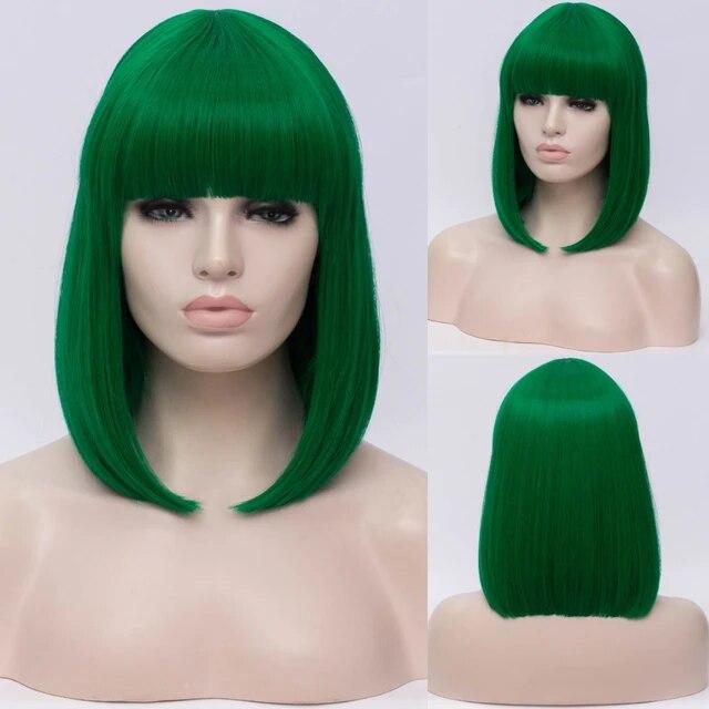 Женские синтетические прямые короткие парики «боб» с челкой, синий, золотой, красный, черный, белый, фиолетовый, зеленый, коричневый, женский парик для косплея