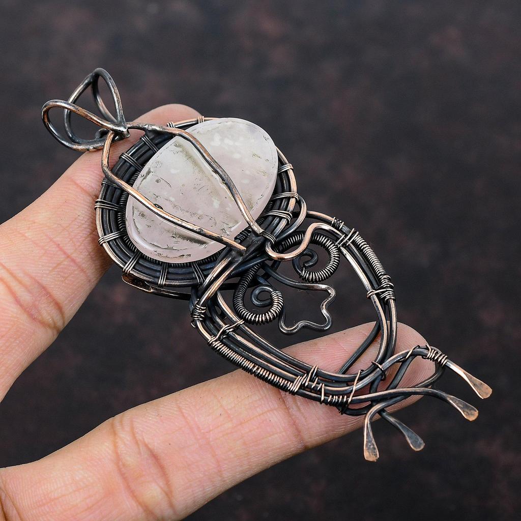 Подвеска из розового кварца и меди, подвеска из драгоценного камня, обернутая проволокой, подвеска ручной работы, ювелирное изделие, обернутое проволокой, элегантная подвеска, медное ювелирное изделие, подарок для женщин