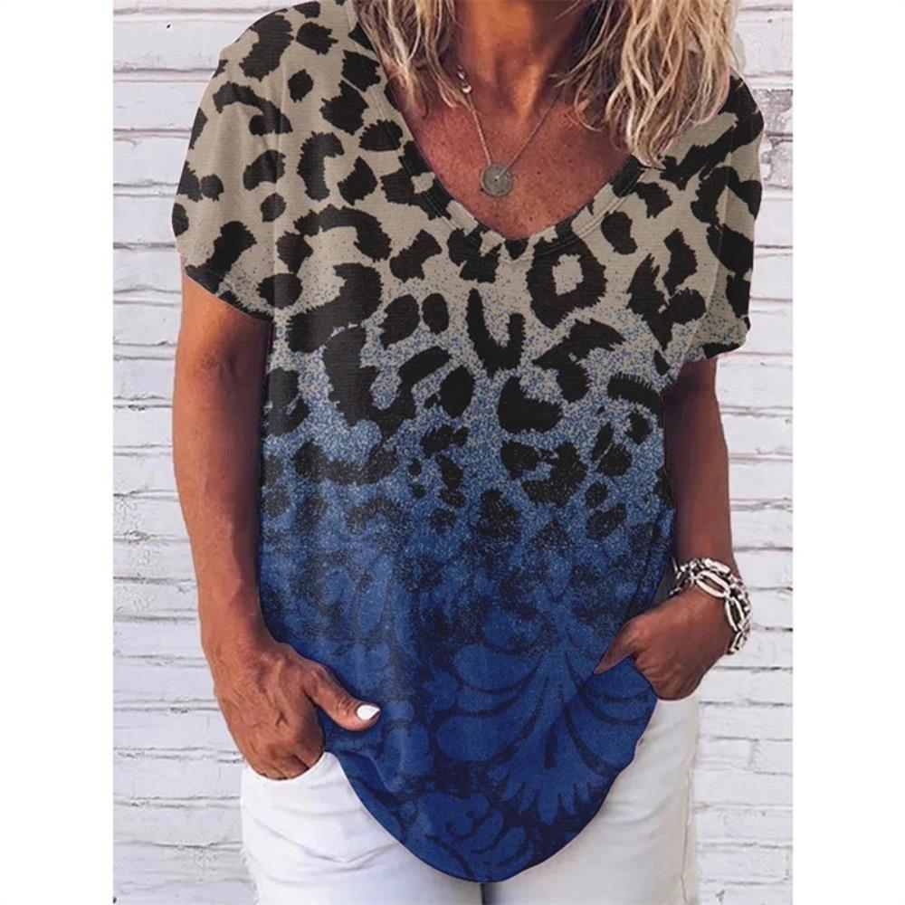 Leopard 3D Print T-shirt for Women Y2k Vintage Tops Harajuku Streetwear V-neck T-shirts Oversized Clothes for Women and Girl