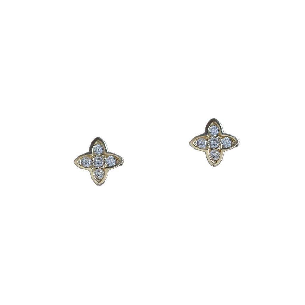 Изысканные серебряные (S925) серьги-гвоздики в виде четырехлистного клевера с покрытием 14K золотом и дизайном из свежих цветов