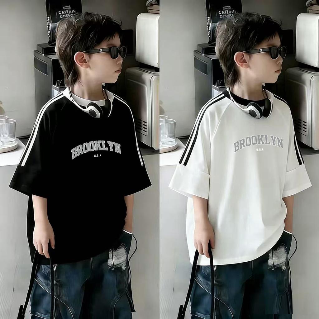 Boys Summer Cotton Short Sleeve T Shirt Letter Print Three Stripes Trendy Casual Top For Big Kids
