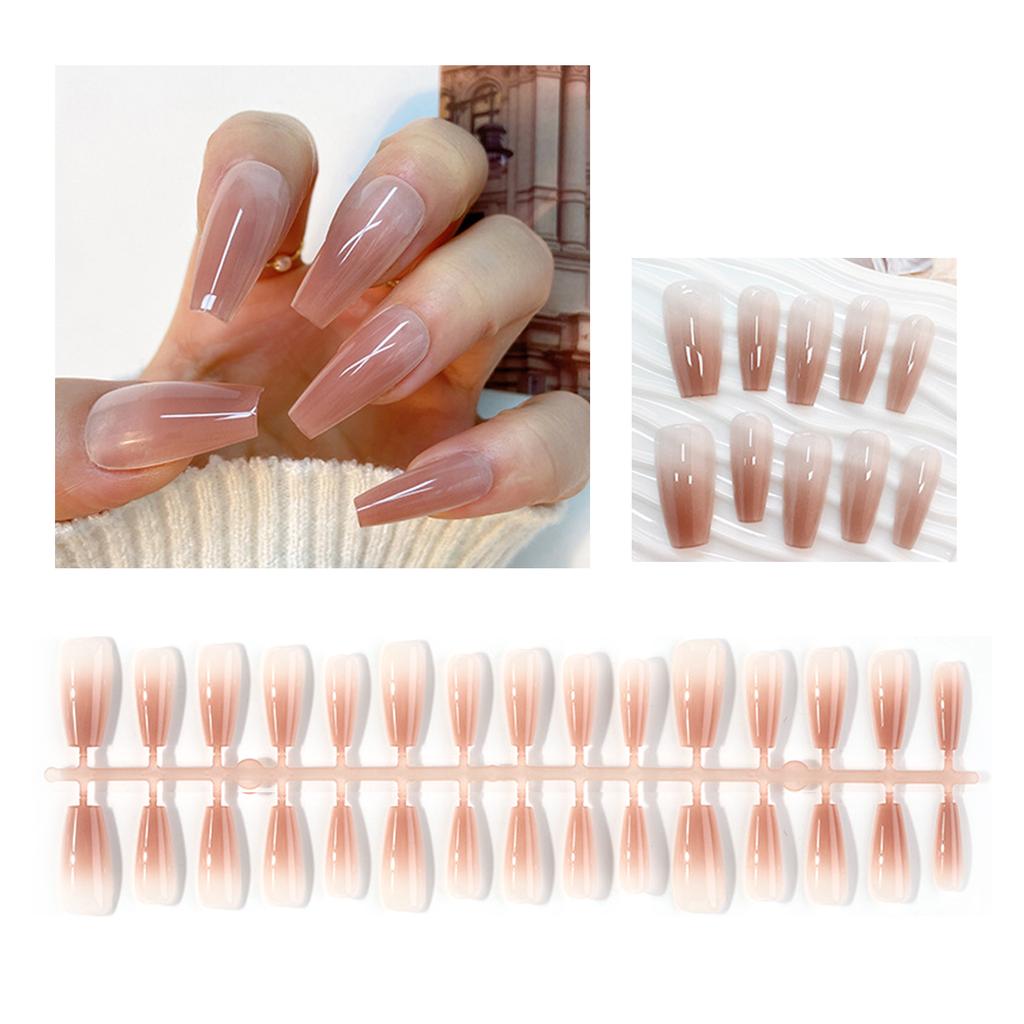 30Pcs Long Press On Nails Coffin French Fake Nails Tip Gradient Acrylic Nails Glossy False Nails for Women Girls