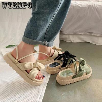 Женские сандалии больших размеров, летние туфли на плоской подошве с круглым носком, на среднем каблуке, на толстой подошве с бантом, хлопковые, конопляные дышащие тапочки на мягкой подошве