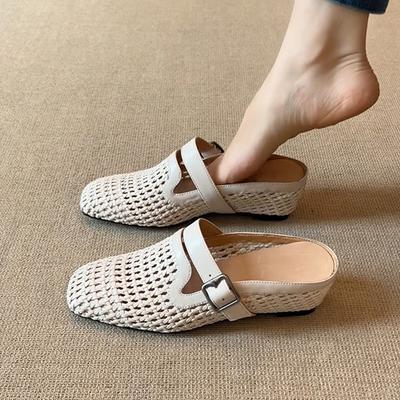 Издание~ Летние новые 5 см плетеные туфли на танкетке в отпускном стиле, с ремешком и пряжкой, дышащие, с закрытым носком, уличные шлепанцы