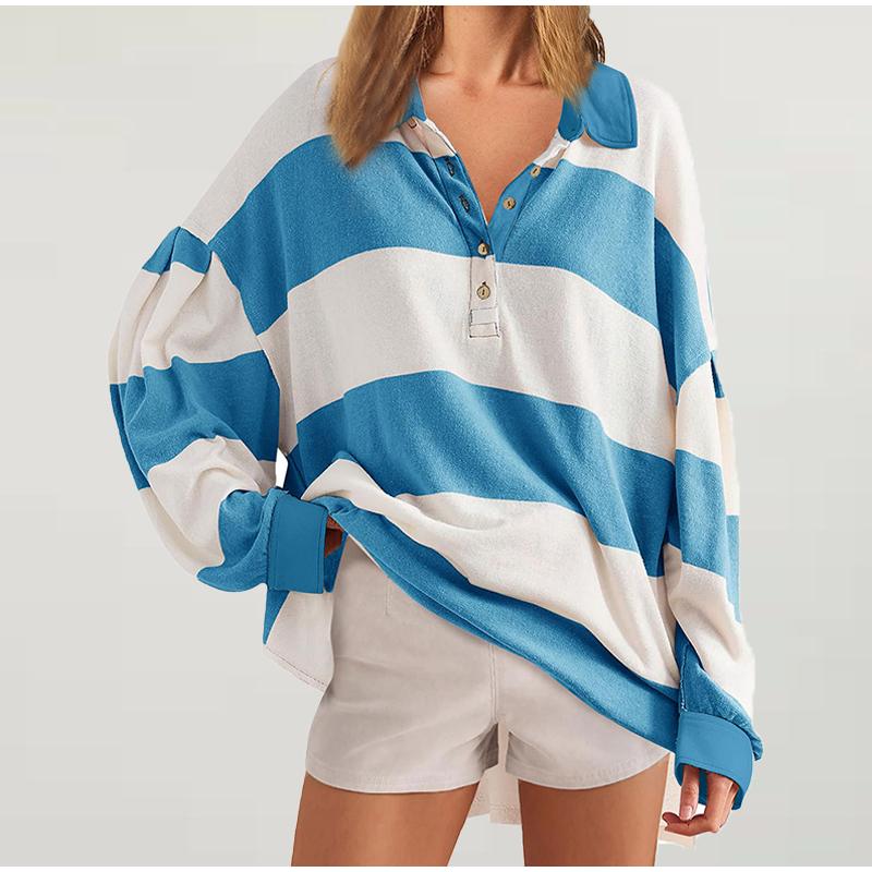 Полосатый дизайн толстовка с цветным блоком топ женская толстовка с отложным воротником пуговицами свободный пуловер топ женская домашняя одежда
