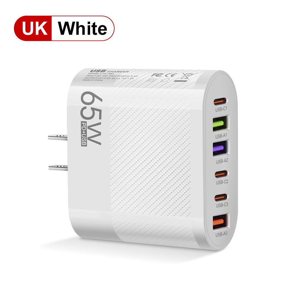 65W 6 Ports 3PD+3USB USB A USB C Wall Charger Mobile Phone FastCharging Adapter For iphone/Samsung Portable Charger