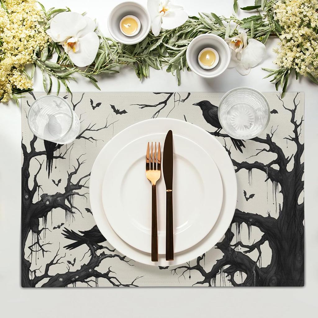Crow Halloween Placemats Set of 4 18x12 Inch Ravens and Bats in Forest Linen Place Mats Wipeable Holiday Table Mat