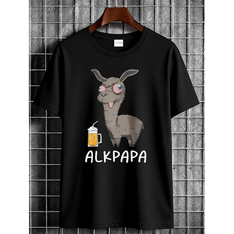 Casual Black T-Shirt Featuring a Graphic of an Alpaca Enjoying a Beer Along with The Word 'Alpaca'