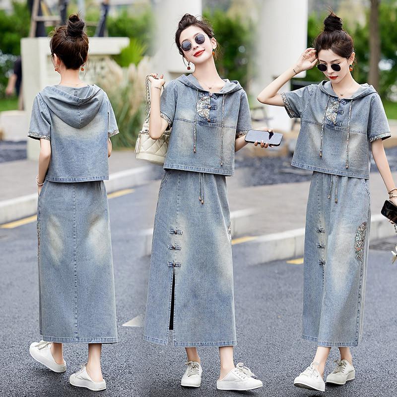 Женский летний ретро-вышитый джинсовый костюм с юбкой и капюшоном