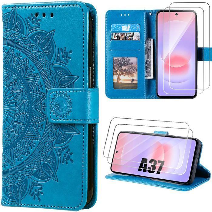 Coque pour Samsung Galaxy A37 5G, Anti-Rayures Synthécuir Motif Mandala Bleu - 2 Verres Trempés