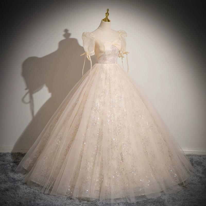 Champagne evening dress summer new elegant bubble sleeve princess dress tutu skirt bar mitzvah student art exam dress
