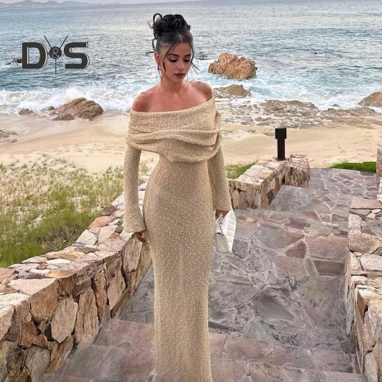 Вязаное платье макси для женщин с длинным рукавом, прозрачное открытое плечо, элегантное длинное платье для вечеринок, пляжа