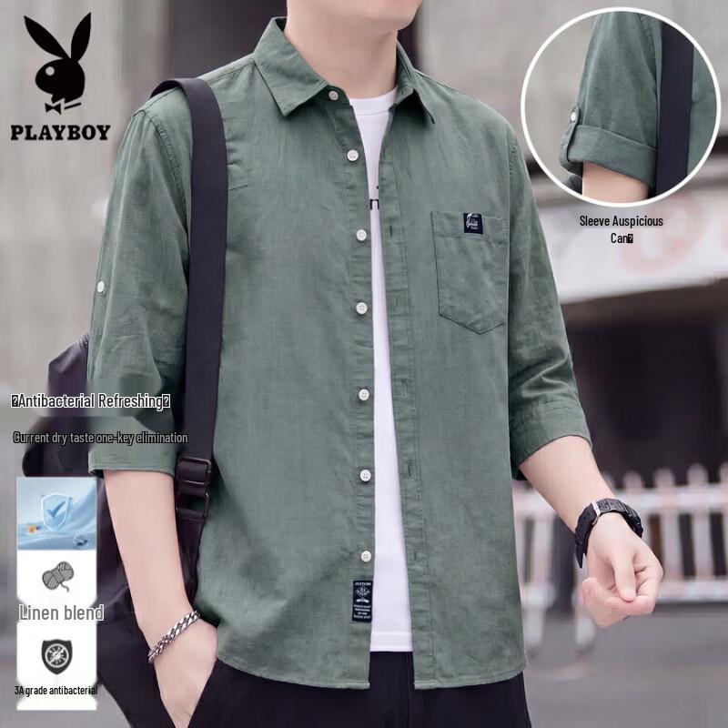 Playboy Men's Cotton Linen 3/4 Sleeve Casual Shirt