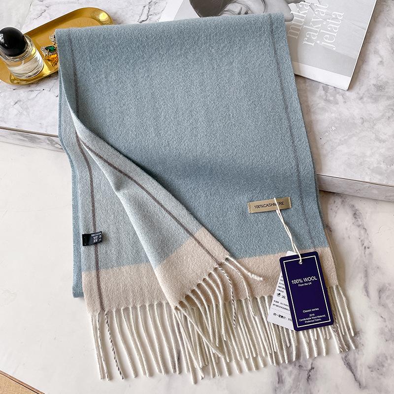 100 Pure Cashmere Scarf Women's Winter High-end Sense Versatile Contrasting Colors Double-sided Warm Couple Narrow Scarf