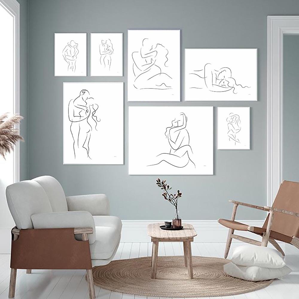 Принт пара настенное искусство холст живопись рисунок линией пара рука любовь поцелуй плакаты и принты скандинавские картины декор гостиная