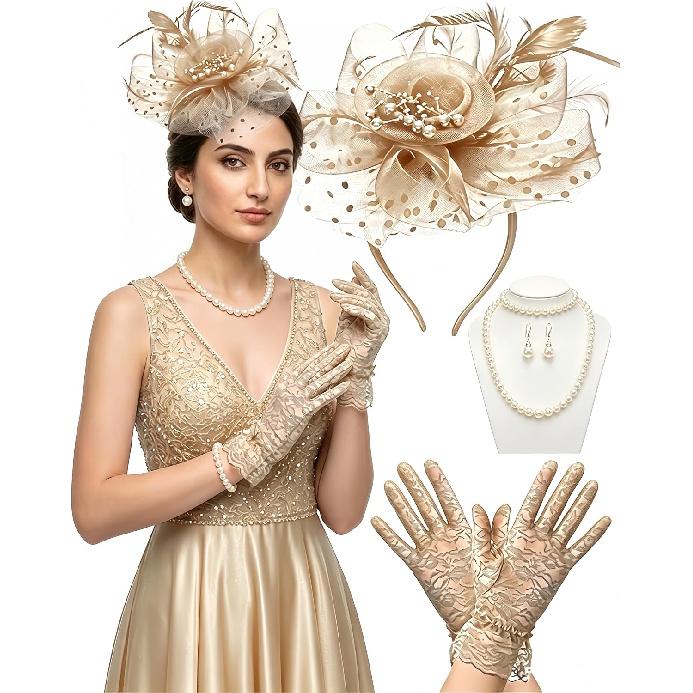 Шляпка-fascinator для женщин, на вечеринку с чаепитием, Fascinator, повязка на голову с перчатками, Аксессуары для вечеринки с чаепитием для дам